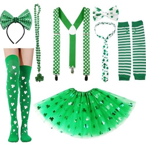 St. Patricks Day Costume Accessories Set Shamrock Tutu Skirt Big Bow Headbands Kintted Glove and Socks for Women Girl Party