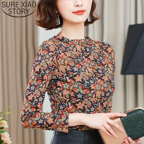 2021 New Korean Style Casual Women Blouses Long Sleeve Women Tops O-neck Printed Women Clothing Versatile Autumn Tops 6009 50
