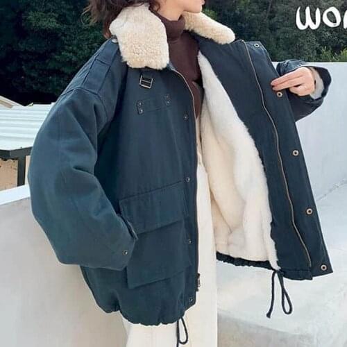 Womens Velvet Padded Parka Coat Female Retro Loose Korean Winter Oversized quilted jacket Long Sleeve Coat Harajuku Warm Parkas