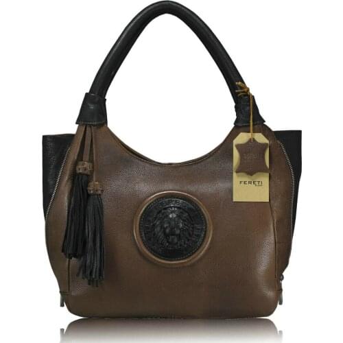 Ladies shoulder bag two-tone brown and black 3D lion Adjustable sides with tassel