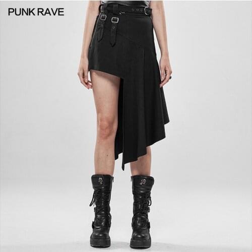 PUNK RAVE Womens Punk Rock Black Hollow-out Waist Irregular Hem Skirt Playful Sexy Gothic Asymmetrical Mini Skirts