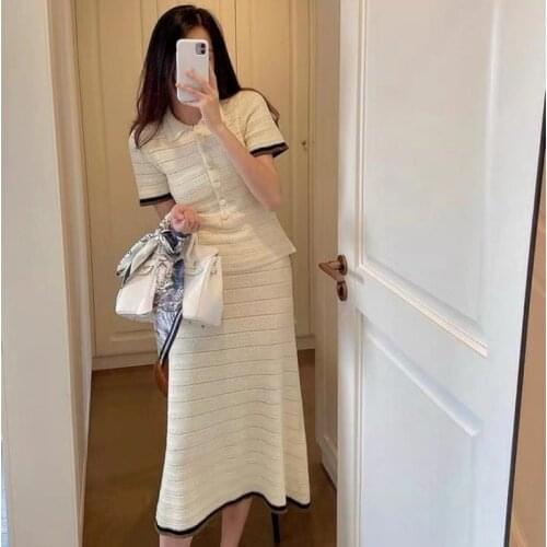 Hollow Laple White Knitted Slim Boutton Top A-Line Long Skirt 2021 New Female Summer Fashion Two-Piece Suit Casual Clothing