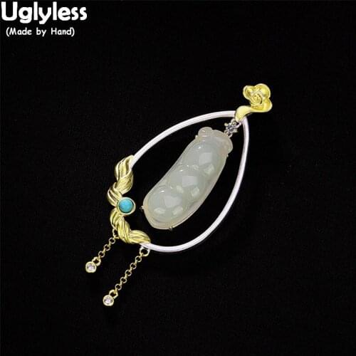 Uglyless 100% Real 925 Sterling Silver Ethnic Tassels Pendants for Women Natural Jade Peas Necklaces NO Chains Beans Pendant