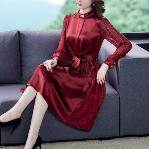 Autumn Women 2020 New Red Solid Color M-4xl Large Size Elegant Lace Stitching Slim Dress Plus Size Office Work Dress Vestidos