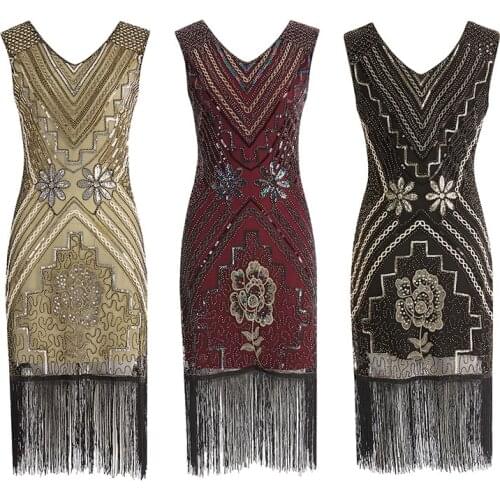 Women 1920s Flapper Dress Art Deco Great Gatsby Dress Vestidos V-Neck Sleeveless Flower Embroidered Tiered Fringe Sequin Dress