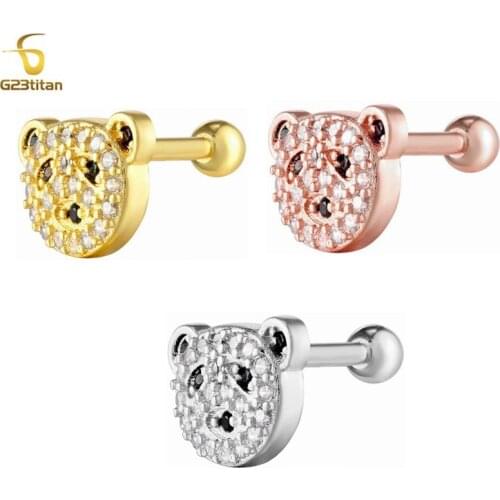 1 Piece Surgical Steel Ear Piercing Stud Cz Cute Bear Cartilage Helix Conch Screw Back Earring 16G Body Piercing Jewelry