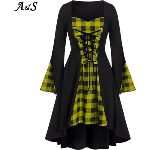 Anbenser Women Dress 2020 Goth Plaid Shirts Female Halloween Tunic Ladies Patchwork Long Sleeve Wine Red Dress Plus Size S-5XL