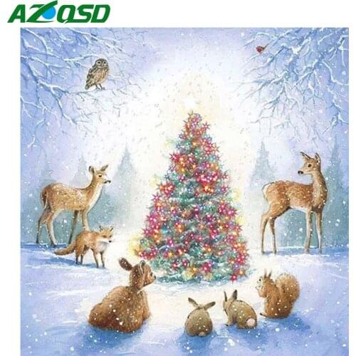 AZQSD Full Square Diamond Painting Christmas Tree Deer Rabbit Cross Stitch Diamond Embroidery Cartoon Snow Mosaic Home Decor