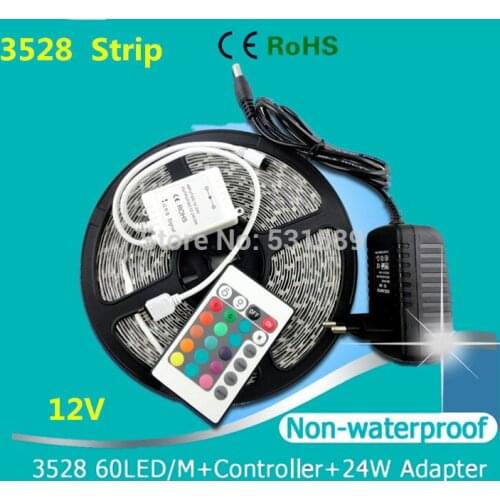 Free shipping 3528 LED Strip no Waterproof 12V 60LEDs/m+24W Adapter Power Supply only RGB and Changeable with 24 Keys Controller