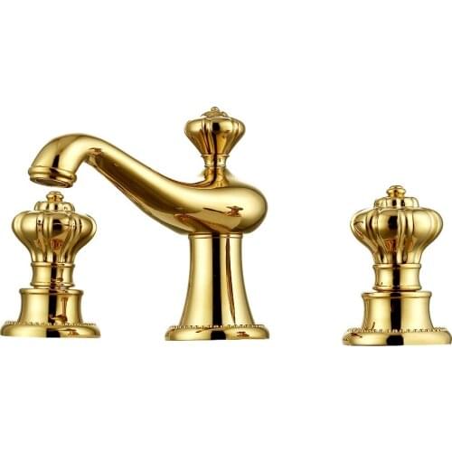 Free ship New Modern 3 Pcs 8" Widespread Bathroom washbasin Sink Faucet mixer tap Gold Color Crown handles Classic style