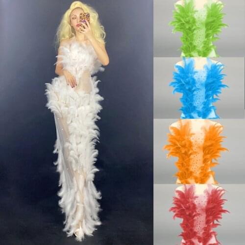 Birthday Party Long Dress See-Through Rhinestone Feather Dress Bandage Dress Singer Dancer DJ DS Rave Drag Queen Costume VDB2304
