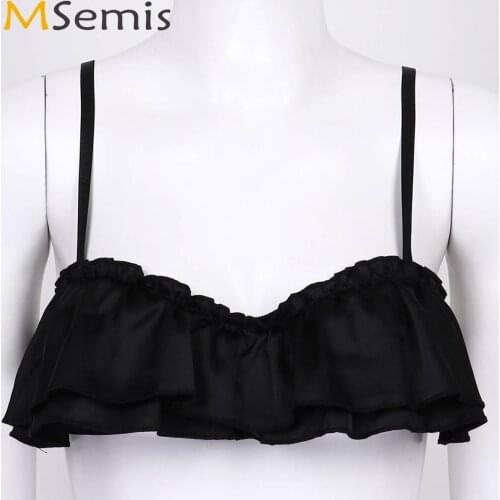 Women Bras Smooth Silky Satin Lingerie Sexy Double Layers Ruffled Bra Top Adjustable Spaghetti Straps Wire-free Unlined Bralette