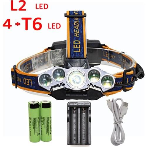 XM-L2 + 4x T6 Headlamp 5 LED Headlight 4 Mode Head Lamp Light Flashlight Torch Lantern + 2x 18650 battery + Charger