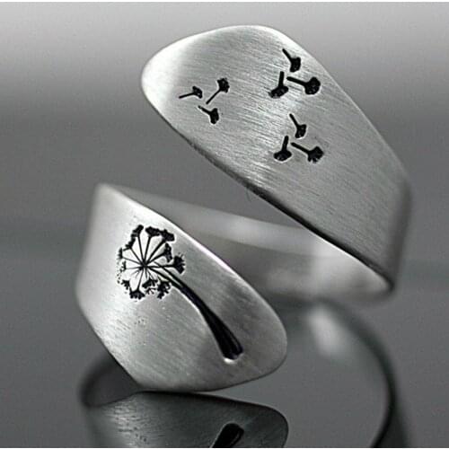 Romantic Plant Pattern Ring Dandelion Engraved Silver Color Brand Ring Adjustable Size Engagement Birthday Party Gift Jewelry