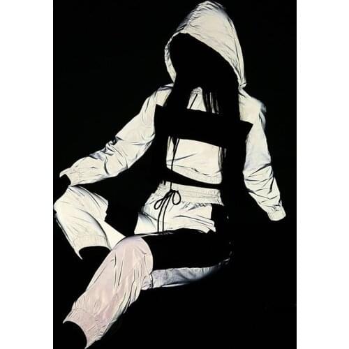 Spring Summer Hip Hop 2 Piece Reflective Jacket Motorcycle Motocross Cycling Running Fashion Female Loose Coat Tracksuit