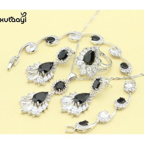 XUTAAYI 4PCS Top Quality Silver Overlay Jewelry Sets Black Cubic Zirconia Super Wedding Necklace/Rings/Earrings/Bracelet