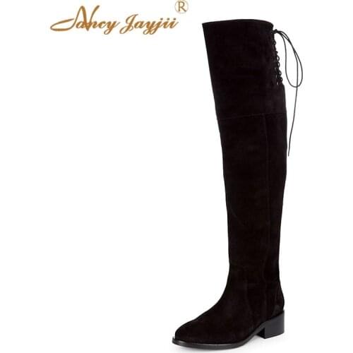 Flock Women Shoes Adult Boots Ladies knee-High Med Square Heels Solid Round Toe Leisure Mature Sweet Lace-Up Basic Fashion 2019