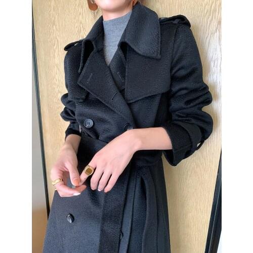 Penny luxury water ripple texture long cashmere double-sided tweed womens coat 2021 winter new black tweed coat