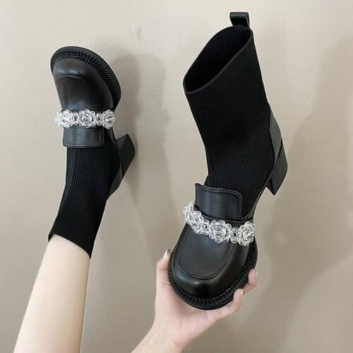 Rimocy Luxury Women Clear Pearl Ankle Boots Spring Autumn New Comfort Square Heels Knit Elastic Fabric Short Botas Shoes Woman