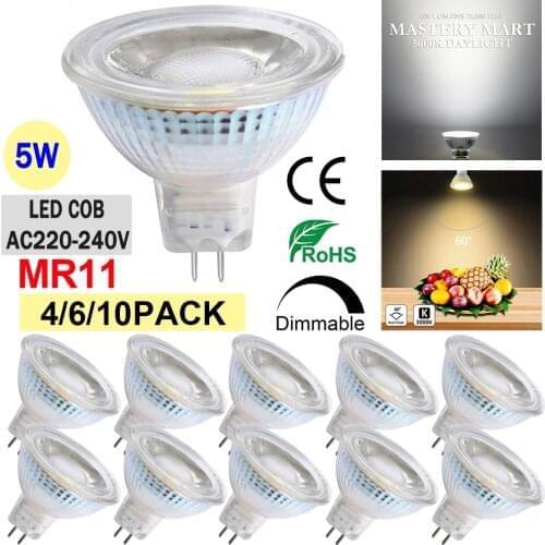 LED MR11 Spotlight Light Bulbs, 50 Watt Equivalent, 5.5W Dimmable, Full Glass Cover Reflector 3500-6000K Daylight 25000 Hours