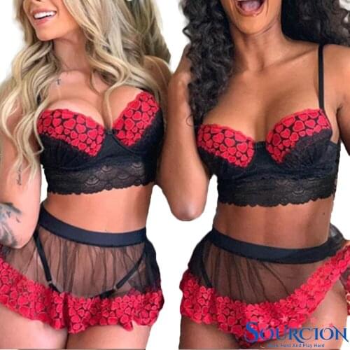 SWT New Women Ladies 3pcs Sexy Lingerie Lace Babydoll Sleepwear Dress Set Sexy Thong Nightwear Teddies Bodysuits Female