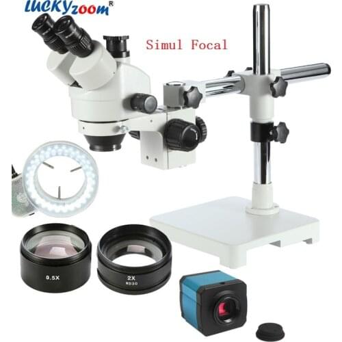 Lucky Zoom 3.5X-90X Simul-Focal Trinocular Microscope Boom Stand 14MP HDMI Camera Microscope For Soldering 144 LED Ring Light