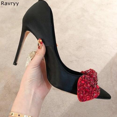 Wedding Shoes red crystal bowknot decor woman high heels slip-on pointed toe black sexy pumps feamle party dress shoes stiletto