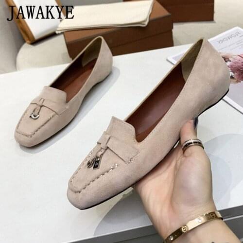 Spring Summer New Women Flat Shoes Lock Tassel Shallow Boat Shoes Round Toe Suede Slip-on Mid High Heel Casual Dress Pumps Woman