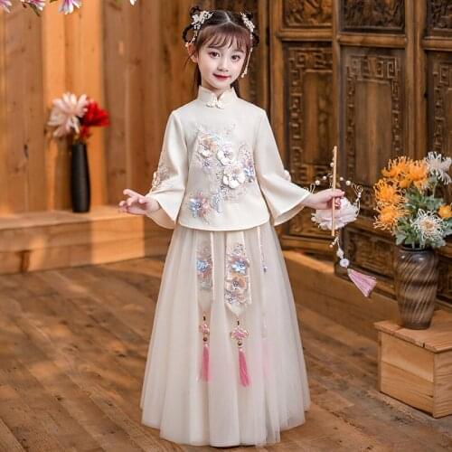 Vintage Flower Girls Dresses 2PCS Dresses Girls Cheongsam Baby Elegant Photography Dress Traditional Chinese Clothes For Kids