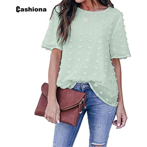 2021 New Summer Ladies Elegant Leisure Casual Top Solid Women Chiffon Shirt Patchwork Dot V-neck Simple T-shirt Female Clothes