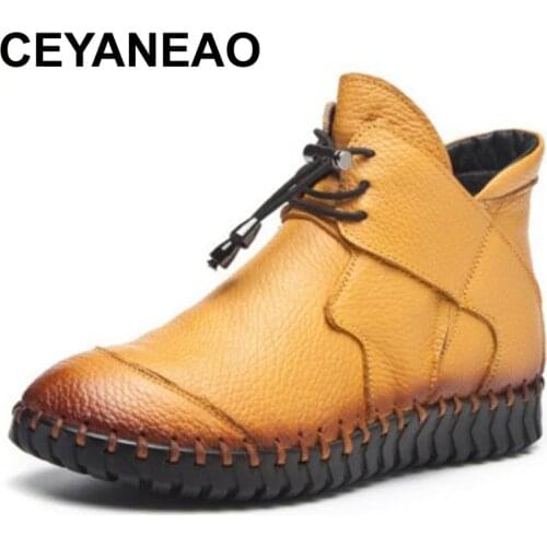 CEYANEAO New Women Genuine Leather Boots Handmade Flat Booties Soft Cowhide Womens Shoes Lace Up Ankle Boots Woman Winter