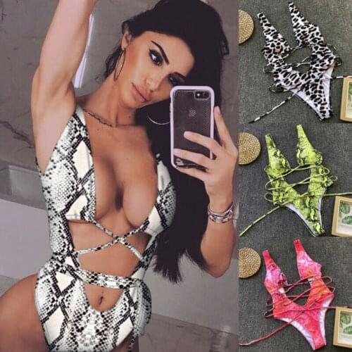 2021 Sexy Womens Swimsuit Snake Leopard Monokini Swimwear Deep V Neck Bandage Bikini Beachwear Summer Bathing Suit