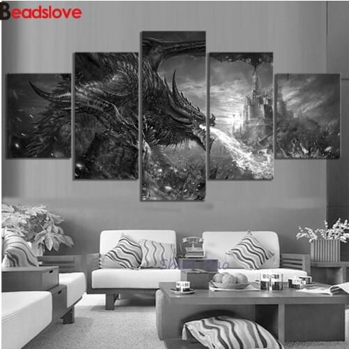5D diy diamond painting 5 Pieces Dragon Fire castle Diamond mosaic cross-stitch black white 3D diamond Embroidery Game wall art