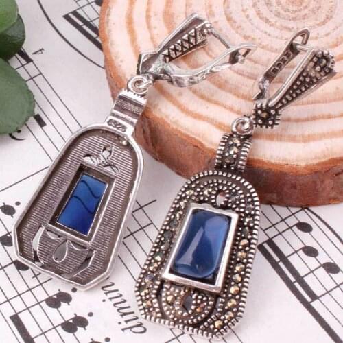 5x9mm Trapezoid Inlaid Marcastie Stone Beads Tibetan Silver Fashion Dangle Huggie For Woman Jewelry Earring Beads Gift 1 Pair