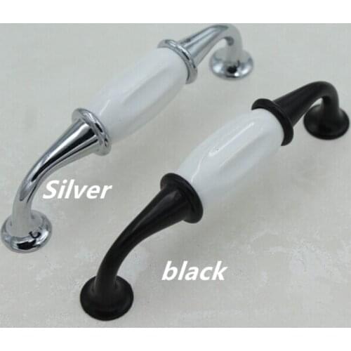 96mm Black Kitchen Cabinet Pulls White Ceramic Dresser Handle Silver Drawer Cupboard Wardrobe Door Handle Pulls Knobs Porcelain