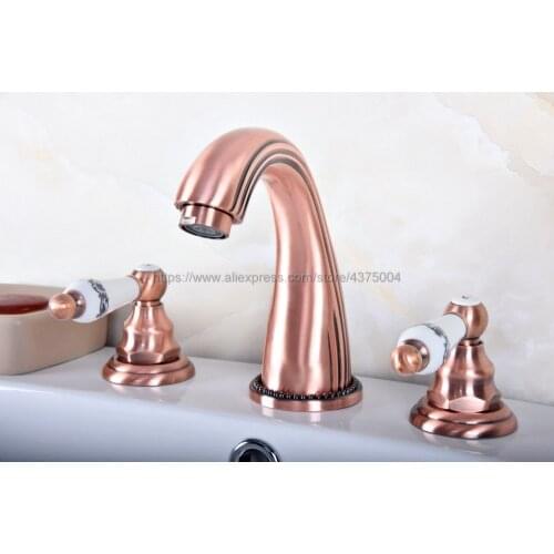 Antique Red Copper Widespread Bathroom Basin Faucet Dual Handle 3 Holes Basin Mixer Sink Taps Deck Mounted Nrg080