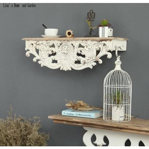 White hand carved retro vintage wood wall shelf