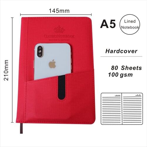 A5 Hardcover Line Notebook With Cellphone Pocket Custom Logo PU Leather Diary Personal Planner With Cellphone Bag OEM Welcome