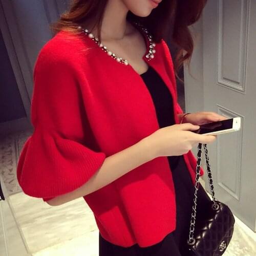 COCKCON Short Cardigans Autumn Woman Coat Long Lantern Sleeve O-neck Knit Outwear Fashion Beading Red Woman Knitwear T6