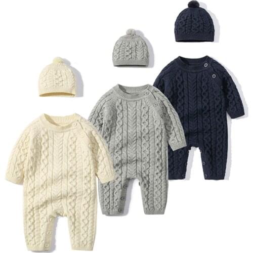 Babies Sweater Jumpsuits Winter Knitted 2Pcs Hat Romper Set Warm Infant Girl/Boy Rompers Solid Knitting Onesie For Newborn Baby