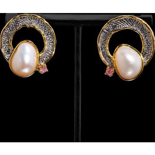 Exquisite jewelry natural baroque pearl S925 silver inlay retro design pearl earrings
