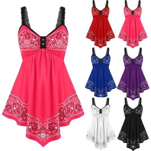 Tank Tops Women Summer Fashion Sleeveless V-neck Print Lace Top Casual Multi-colored Streetwear Elegant Ladies Tanks Plus Size