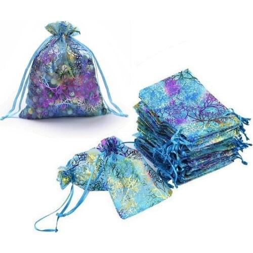 100pcs Colorful Coral Pattern Organza Drawstring Bags Wedding Favor Party Candy Chocolate Party Christmas Gift Jewelry Bags