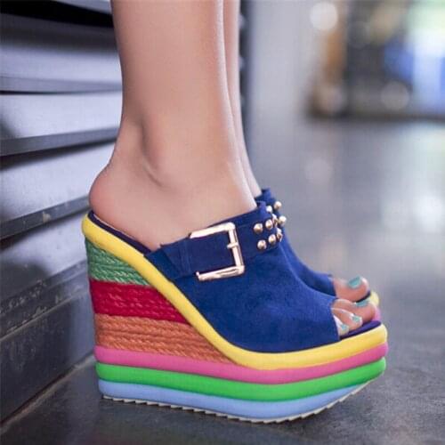 2021 New Summer Sexy Bohemia Casual Rainbow Peep Toe Platform Sandals For Womens Wedges Sandalias Plataforma Shoes High Y5263