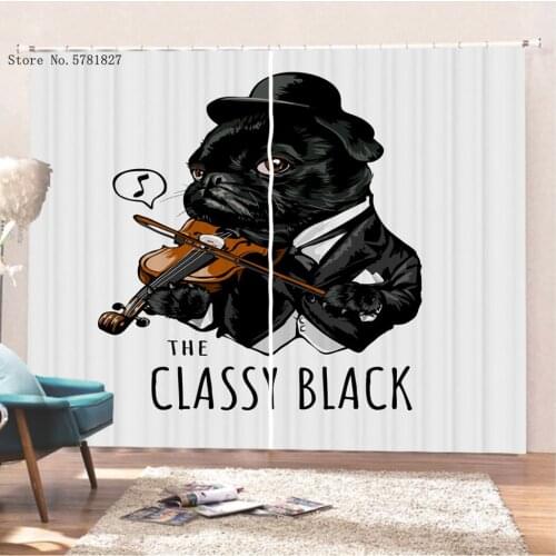 Pet Dogs Window Curtains 3D Print Animals Pug Window Treatments For Living Room Window Drapes For Bedroom Curtain Decoration