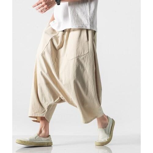 Autumn Europe Men Plus Size Casual Lantern Haren Pants Vintage Cotton Linen Wide Leg Pants Female Elastic Waist Pantalones Trous