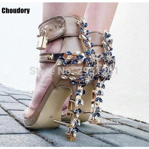 Hot Sale Sandal Luxury Rhineston Lock Shoes Woman High Heels Sandals Sexy PVC Patchwork Summer Gladiator Sandal Women Shoes