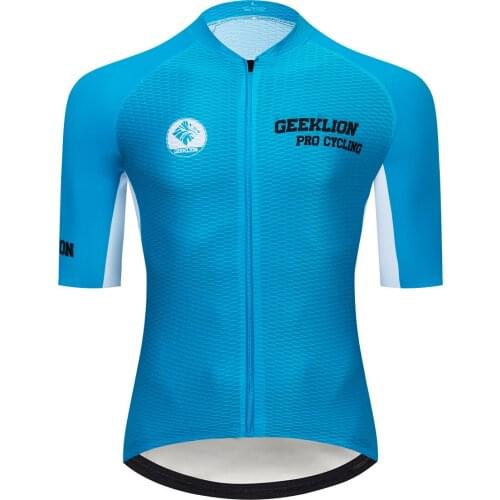 Geeklion Blue-White Laser Cut Racing Fit Short Sleeves Cycling Wear Team Tour Road-Bike Maillot Reflective MTB Clothing