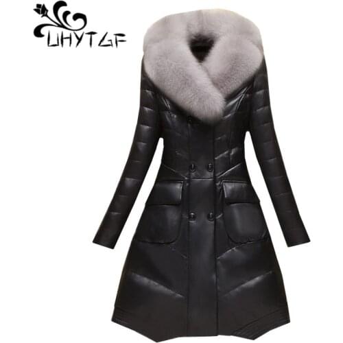 UHYTGF New luxury Sheep skin Down jacket Winter Leather jacket Womens fashion Imitation fox fur collar Slim Fur coat M-4XL 1103
