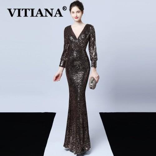 VITIANA Women Sequined Long Dress For Womens Autumn 2020 Female Long Sleeve Deep V-Neck Sexy Party Dresses Femme Night Vestidos
